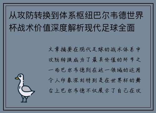从攻防转换到体系枢纽巴尔韦德世界杯战术价值深度解析现代足球全面